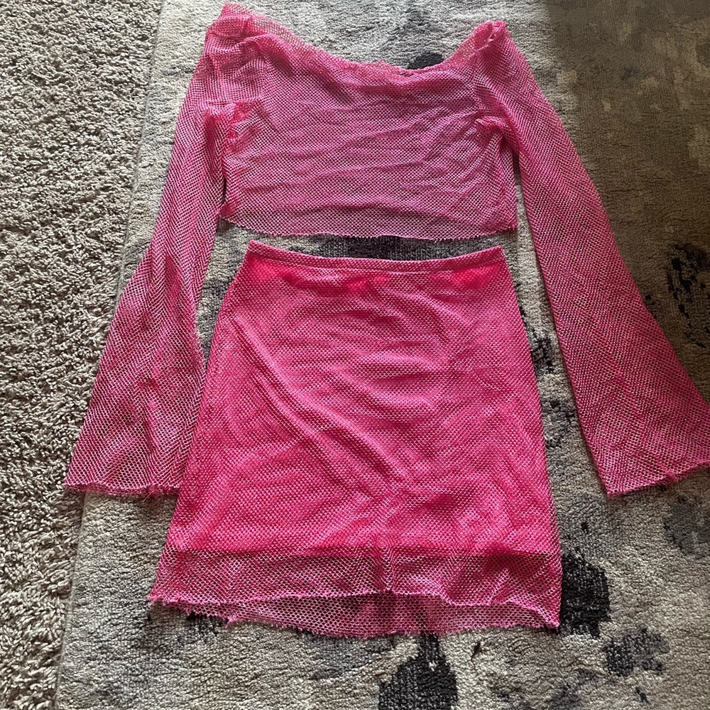 Pink mesh 2 piece long sleeve top and mini skirt